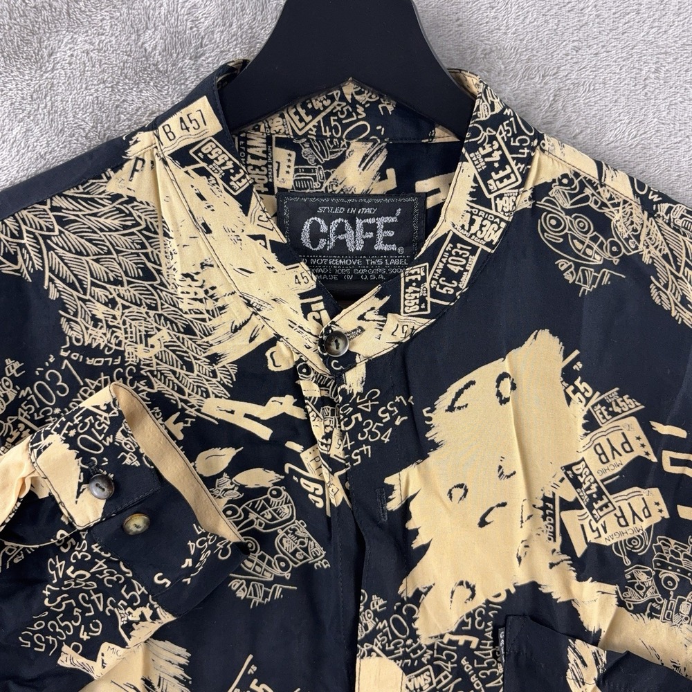 Vintage Cafe Abstract Button Down Shirt Mens Size 2 Black Beige Long‎ Sleeve